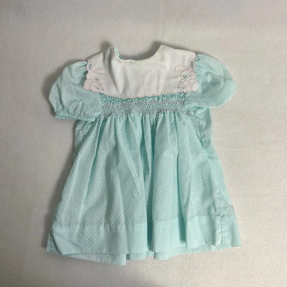 Vintage Carters Kids 12 Months Pink Blue Smocked Peter Pan Collar‎ Dress Lot 2pc